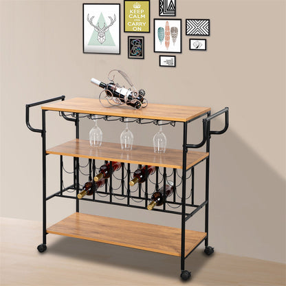 ALICIAN 3-tier Wine Rack Cart Kitchen Rolling Storage Bar Wood Table Serving Trolley Black