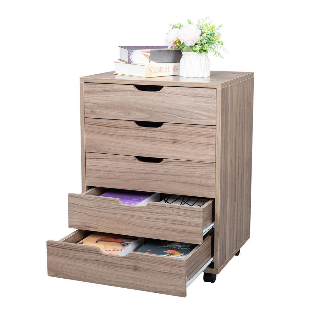 AMYOVE Wooden File Cabinet Five Drawers with 360 Degree Removable Wheels Coffee