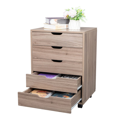 AMYOVE Wooden File Cabinet Five Drawers with 360 Degree Removable Wheels Coffee