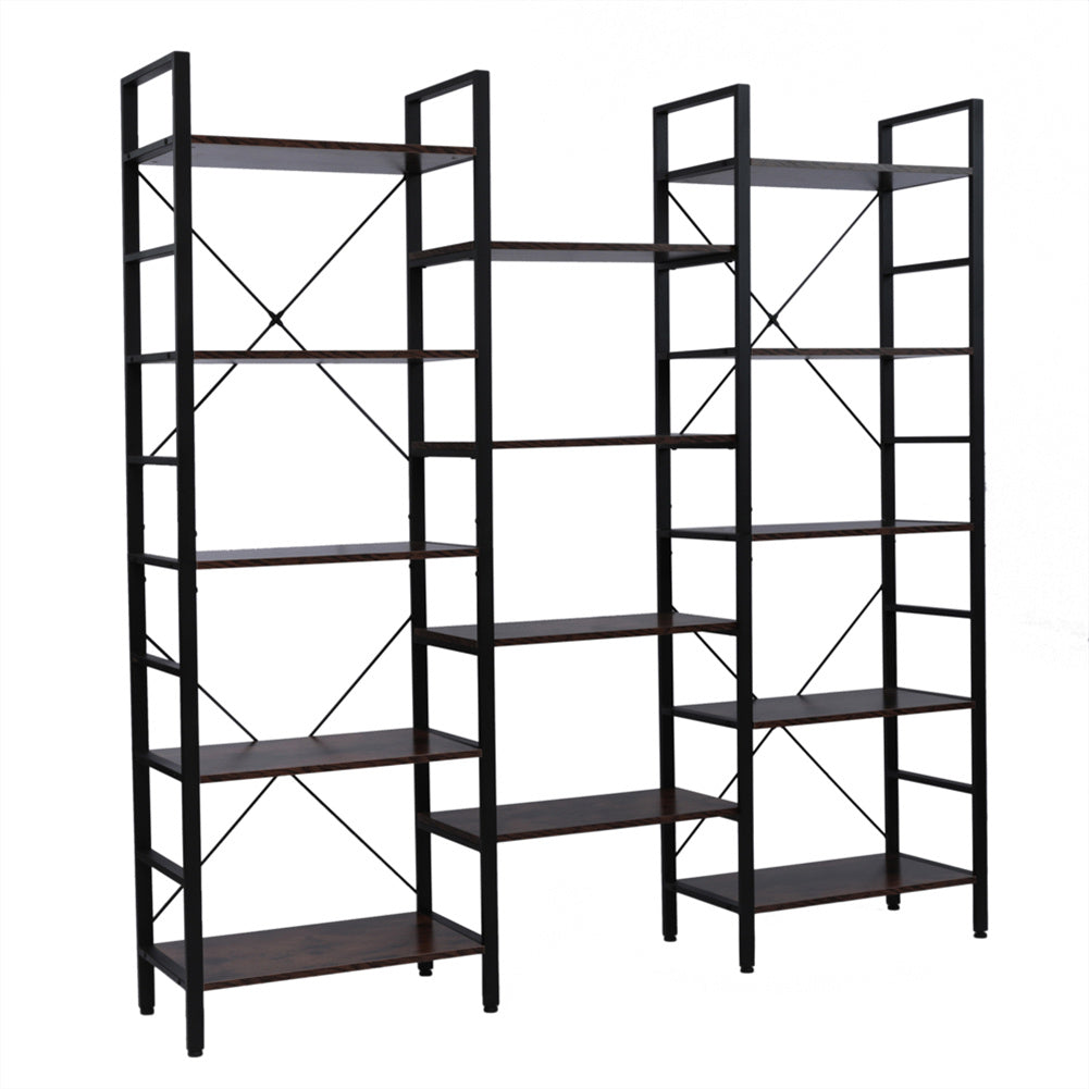 AMYOVE Triple Wide 5 Tier Bookshelf Industrial Style Multipurpose Storage Rack Bookcases