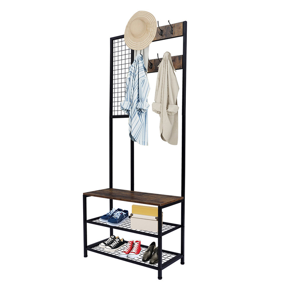 ALICIAN 2-in-1 Coat Rack with 2 Layer Mesh Clothes Organizer with Hooks Brown