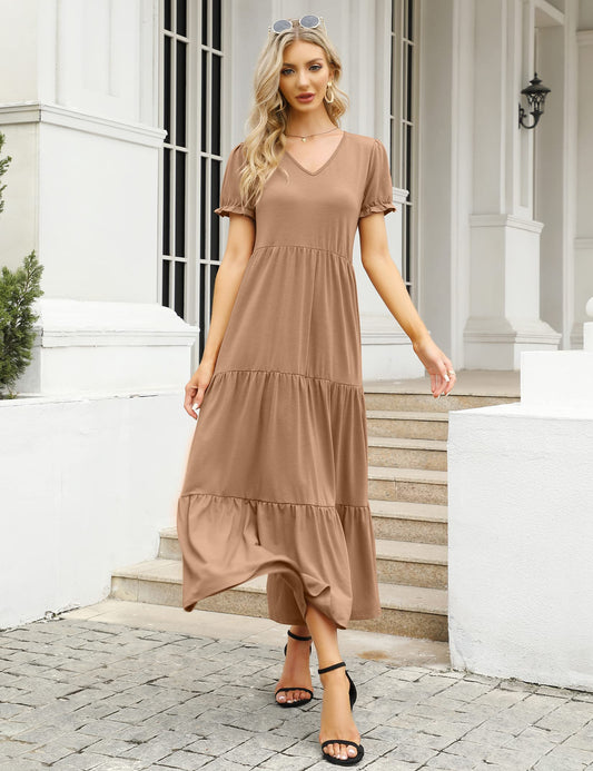 YESFASHION Boho Swing Straight Long Puff Sleeve Maxi Dress Khaki