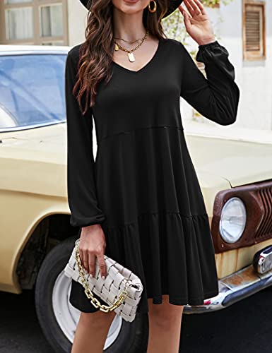 YESFASHION Women's V Neck Layered Dress Long Sleeve Dress Black