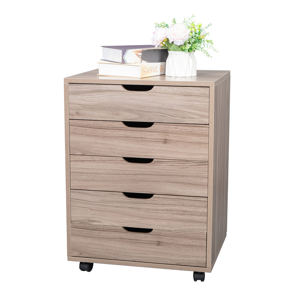 AMYOVE Wooden File Cabinet Five Drawers with 360 Degree Removable Wheels Coffee