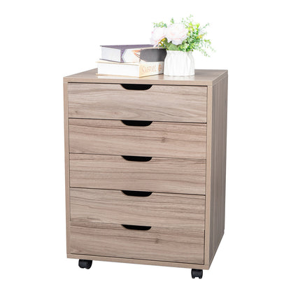 AMYOVE Wooden File Cabinet Five Drawers with 360 Degree Removable Wheels Coffee