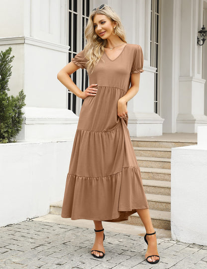 YESFASHION Boho Swing Straight Long Puff Sleeve Maxi Dress Khaki