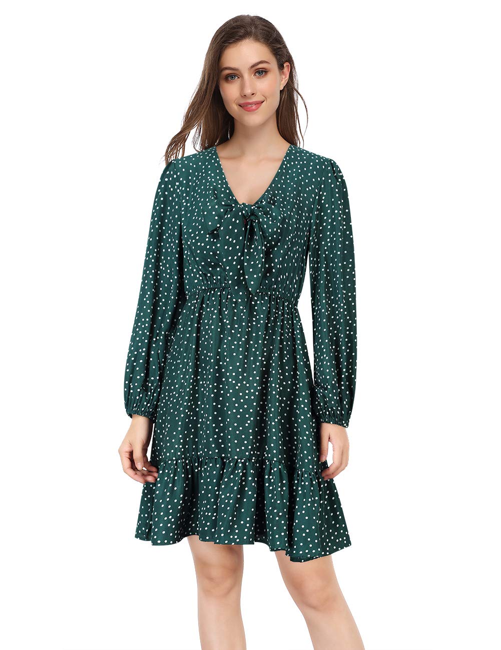 YESFASHION Women Casual V Neck Polka Dot Puff Sleeve Beach Dress