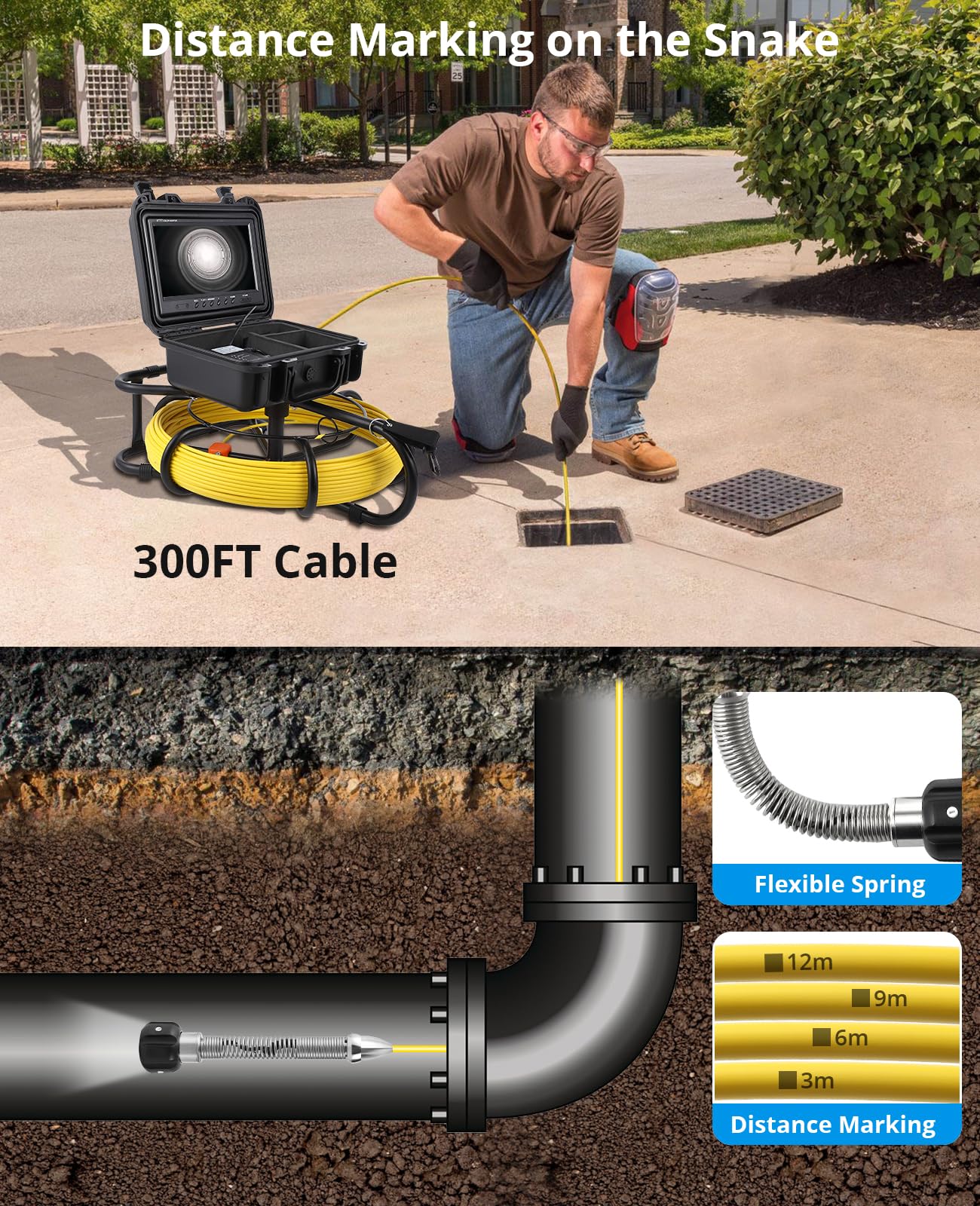 GARVEE 300ft Snake Camera Sewer Camera with Locator 9 Inch HD LCD DVR and Adjustable LEDs for Sewer and Drainage Pipe