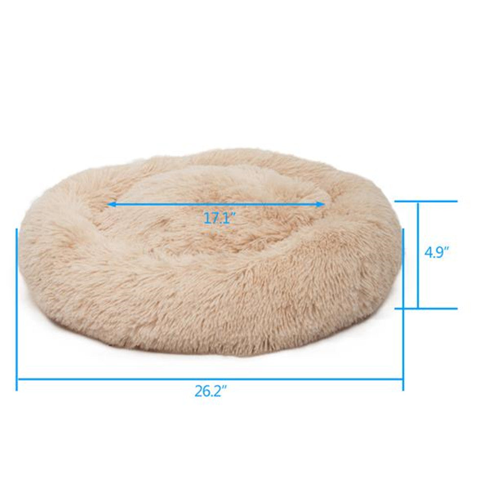 BEESCLOVER Round Plush Pet Bed Fluffy Soft Warm Calming Bed Dog Cat Sleeping Nest Khaki