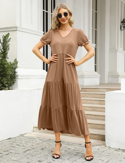 YESFASHION Boho Swing Straight Long Puff Sleeve Maxi Dress Khaki