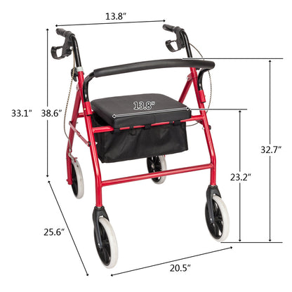 DSSTYLES Basket Walker Chair Wheel Rollator Walker Removable Back Support Red