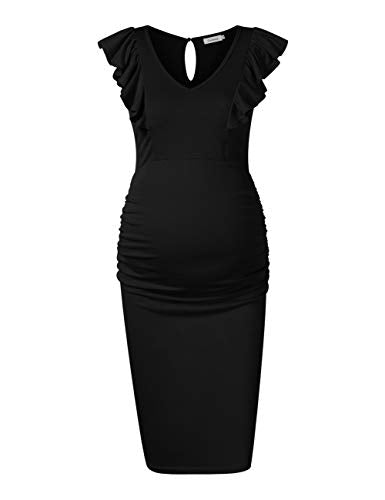 Women's V Neck Ruffle Sleeveless Ruched Side Slim Fit Bodycon Maternity Dress