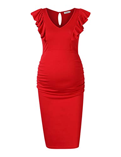 Women's V Neck Ruffle Sleeveless Ruched Side Slim Fit Bodycon Maternity Dress