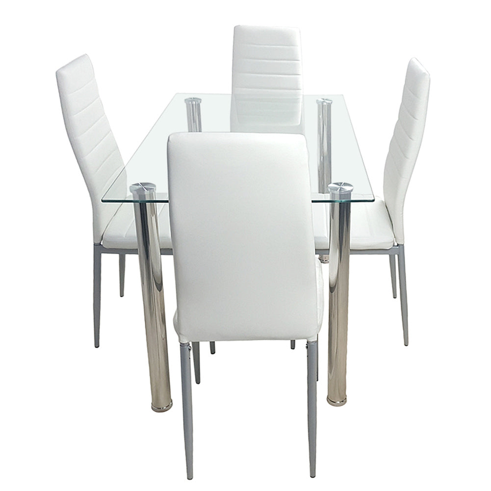 AMYOVE 110cm Dining Table Set Tempered Glass Dining Table with 4 Chairs Silver