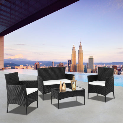 AMYOVE 4PCS Rattan Table Chairs Set Includes Arm Chairs Coffee Table Black