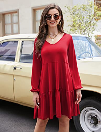 YESFASHION Women's V Neck Layered Dress Long Sleeve Dress Wine Red