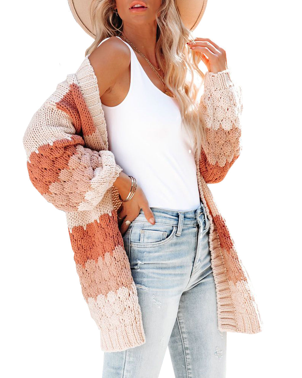 Women's Long Sleeve Colorblock Cardigan Knit Jacket