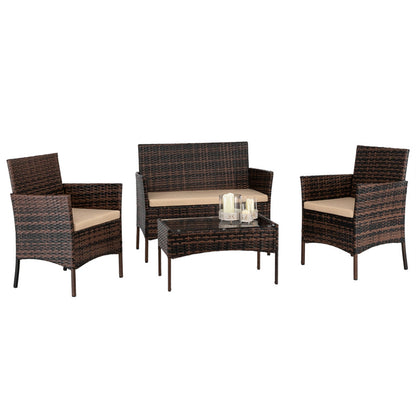 AMYOVE 4PCS Rattan Table Chairs Set Includes Arm Chairs Coffee Table Brown