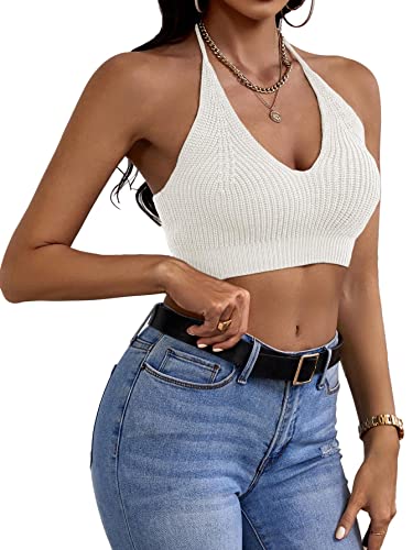 Womens Sexy Halter Crop Tops Sleeveless Y2K Backless Knitted Tube Top V Neck Solid Summer