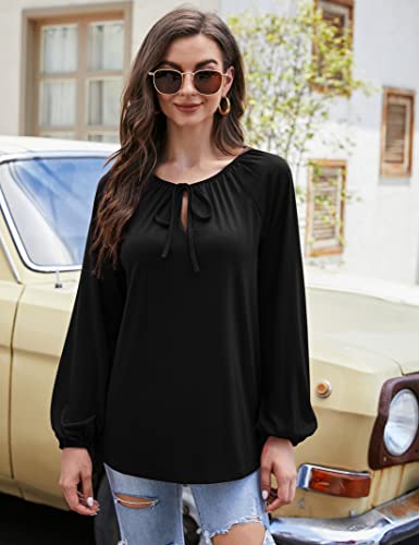 Womens Long Lantern Sleeve Tops Drawstring V Neck Shirts Tunic Top Casual Loose Blouse