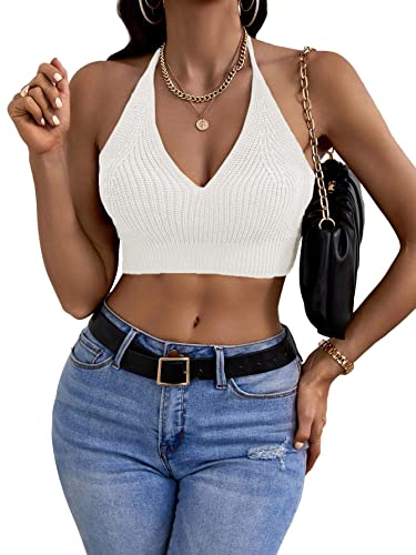 Womens Sexy Halter Crop Tops Sleeveless Y2K Backless Knitted Tube Top V Neck Solid Summer