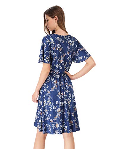 Women V-Neck A-Line Floral Print Ruffle Wrap Casual Party Mini Dress