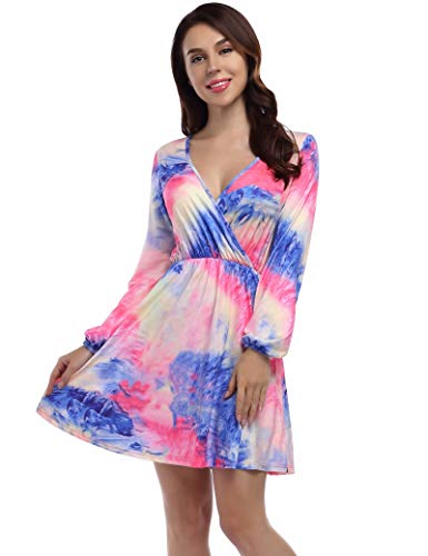 YESFASHION Women V Neck Skating Dress Long Sleeves Printed Casual Dress