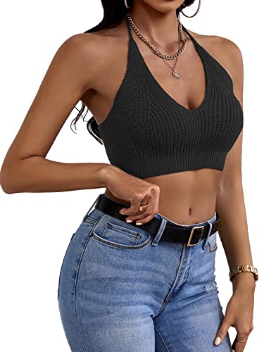 Womens Sexy Halter Crop Tops Sleeveless Y2K Backless Knitted Tube Top V Neck Solid Summer