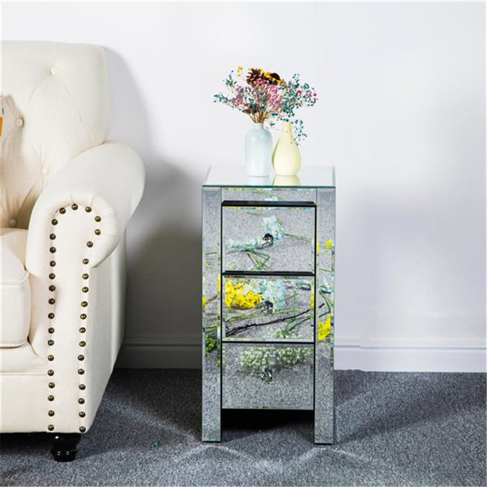 AMYOVE Mini Cabinet Table with 3-drawers Nightstand Bedroom Silver