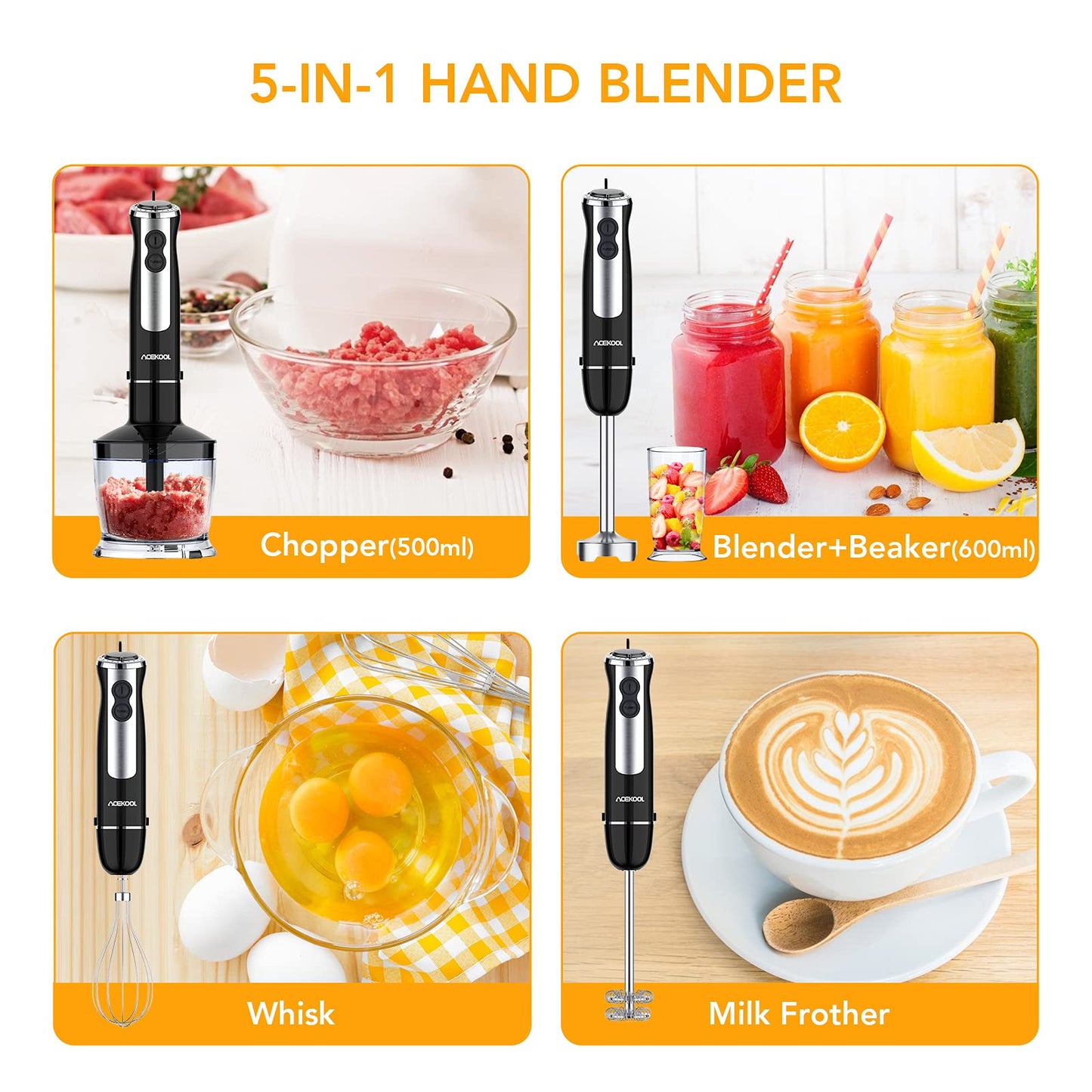 GARVEE 800W Immersion 5-in-1 Hand Blender 12 Speed Stainless Steel Stick Blender with Turbo Mode