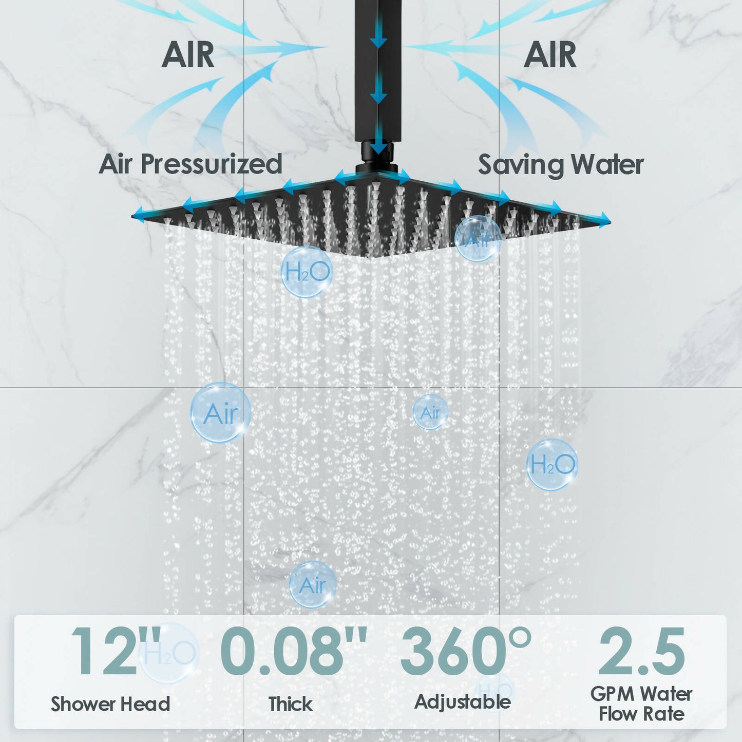 RelaxaJet 12" High-Pressure Rainfall Shower Faucet, Celling Mount, Rough in-Valve, 2.5 GPM