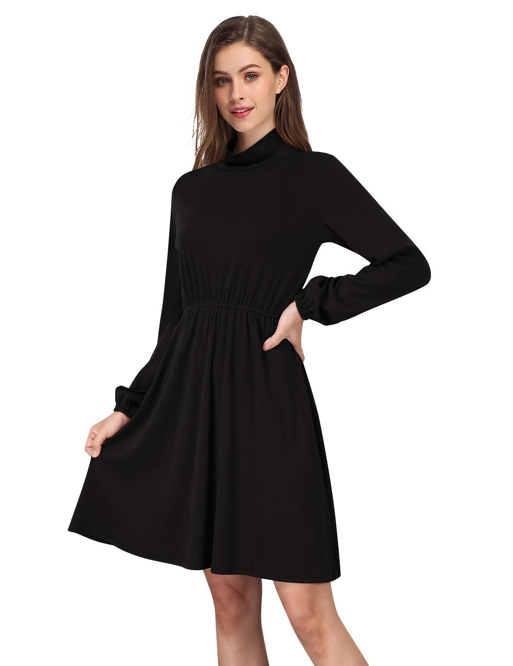 Women Casual Turtleneck Long Sleeve Tunic Flowy Swing T-Shirt A-Line Mini Dress