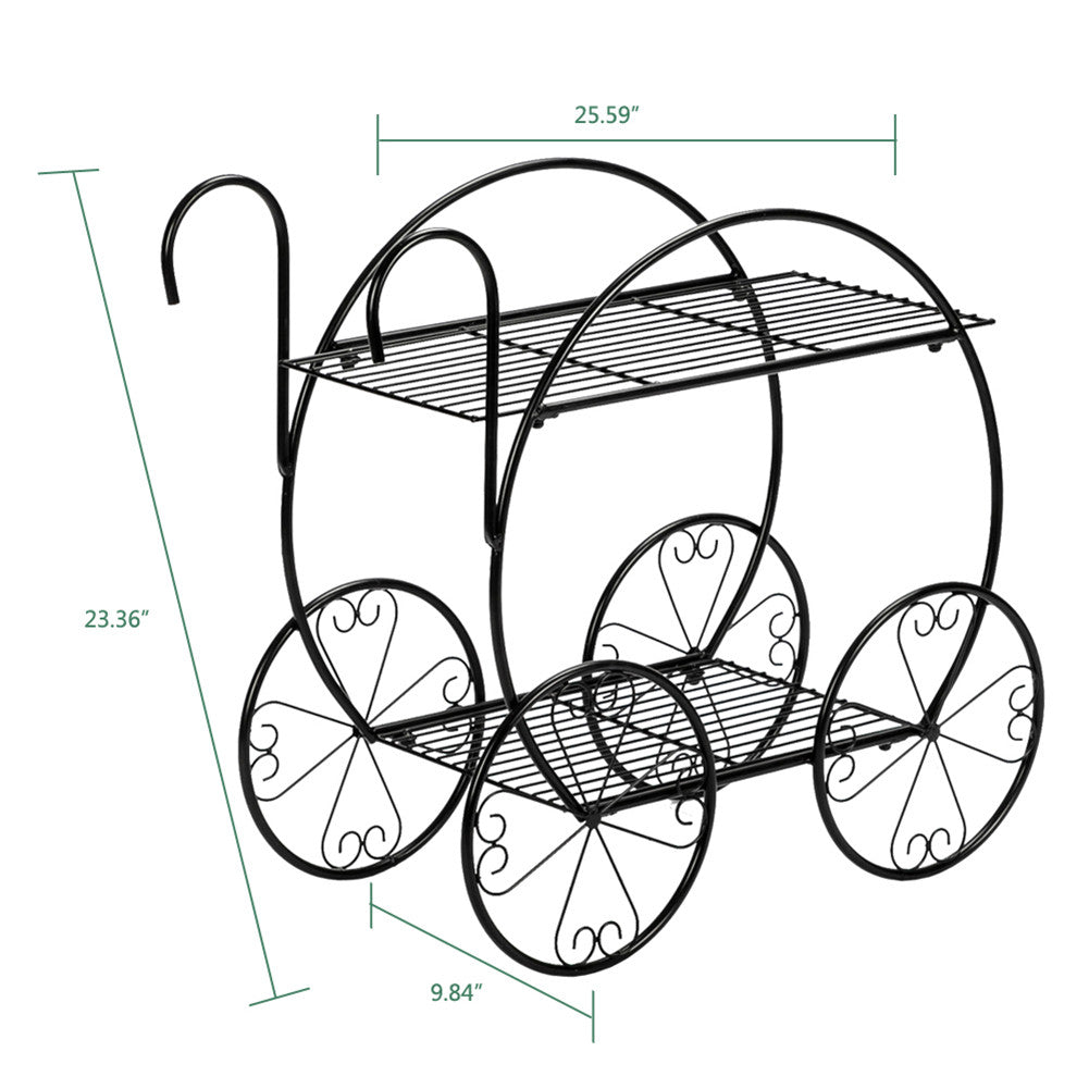ALICIAN 2-Tier Flower Pot Stand Garden Cart Design Plant Holder Black