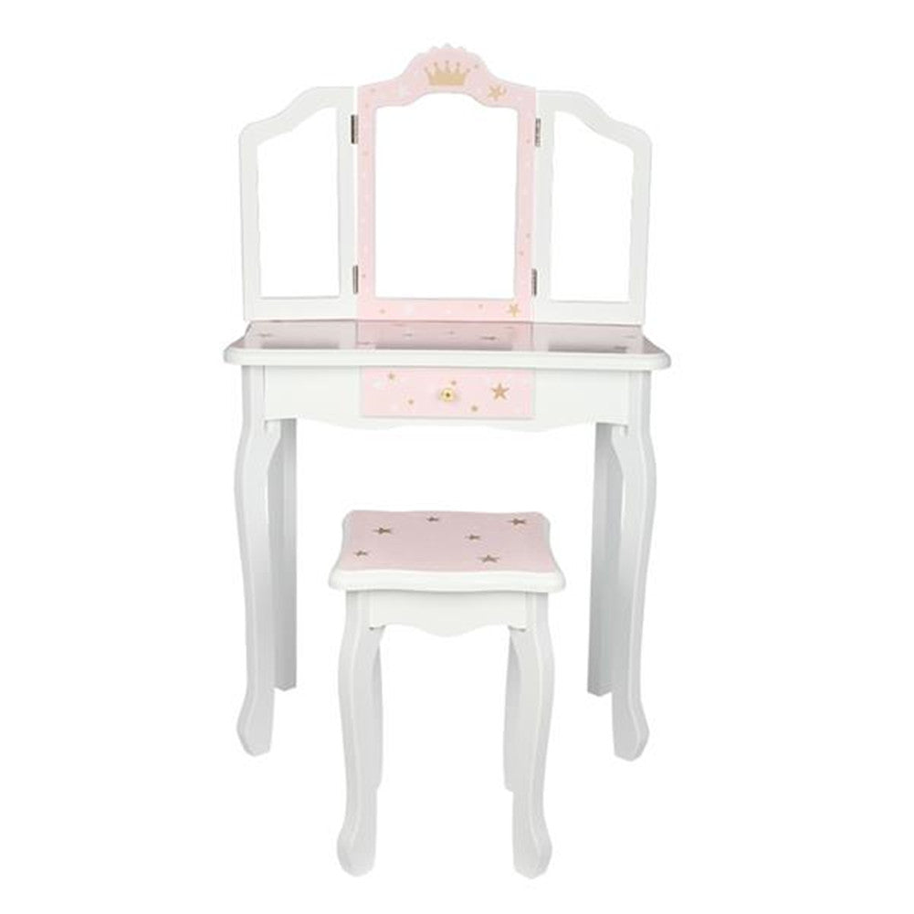 AMYOVE Children Dressing Table Set with Three-sided Folding Mirror Single Drawer Chair Pink