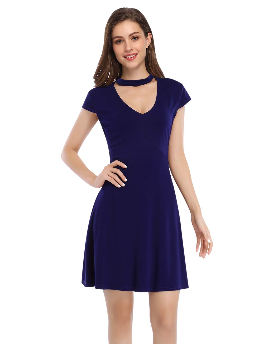 Women's Cap Sleeve Chocker V-Neck Mini Elegant Dress