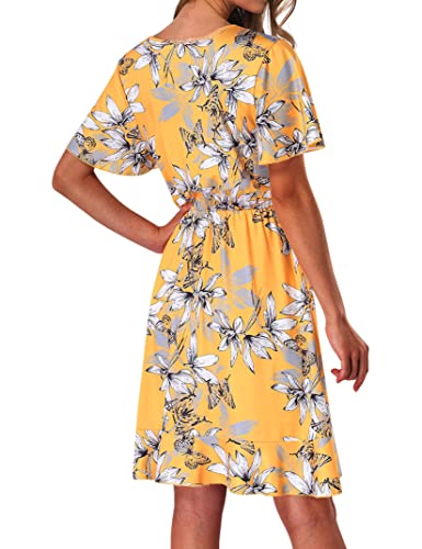 Women V-Neck A-Line Floral Print Ruffle Wrap Casual Party Mini Dress