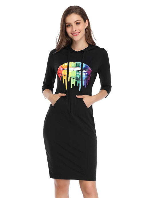 Women's Casual Sweatshirt Print Lips Pocket Pullover Hoodie Dress