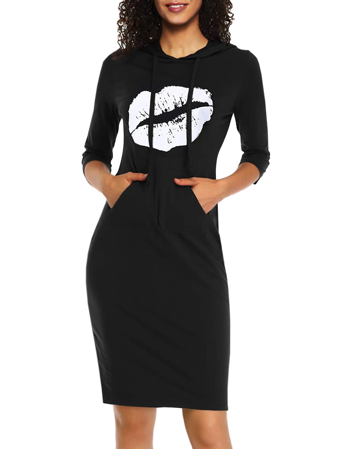 Women's Casual Sweatshirt Print Lips Pocket Pullover Hoodie Dress