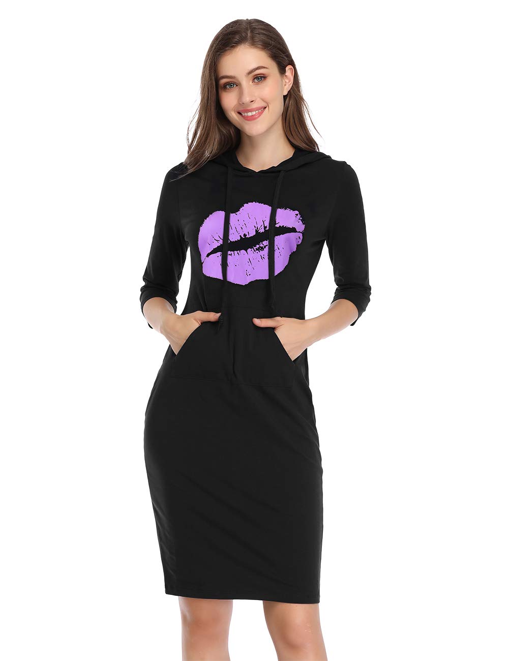 Women's Casual Sweatshirt Print Lips Pocket Pullover Hoodie Dress