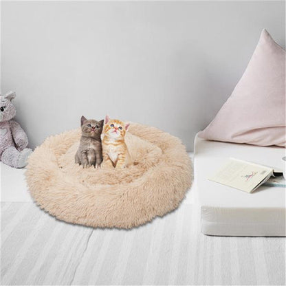 BEESCLOVER Round Plush Pet Bed Fluffy Soft Warm Calming Bed Dog Cat Sleeping Nest Khaki