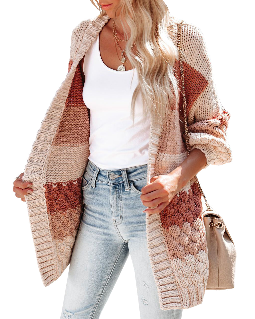 Women's Long Sleeve Colorblock Cardigan Knit Jacket