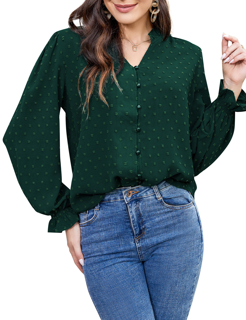 Women's Ruffle V-Neck Polka Dot Shirt