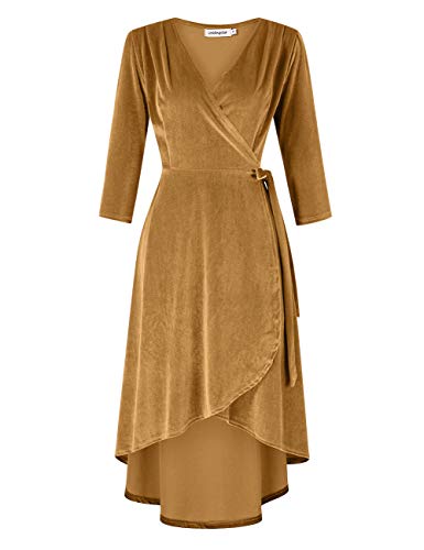 YESFASHION Women's Velvet V-Neck Long Sleeve Casual Party Dress ArmyGreen