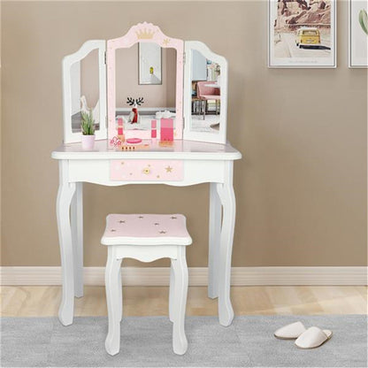 AMYOVE Children Dressing Table Set with Three-sided Folding Mirror Single Drawer Chair Pink