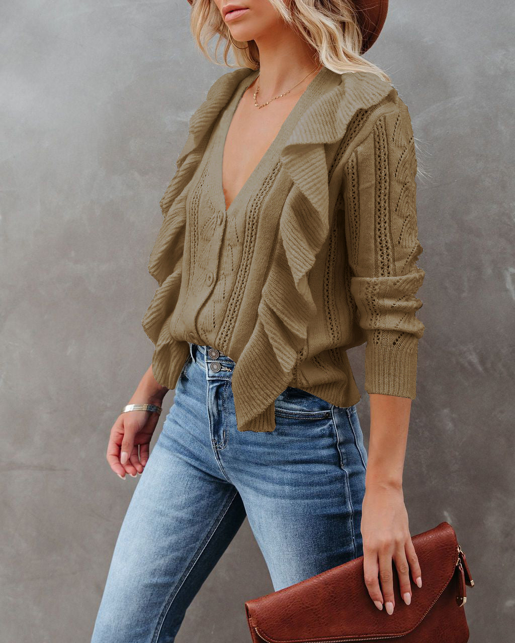 Women's V Neck Button Top Casual Long Sleeve Ruffle Sweater