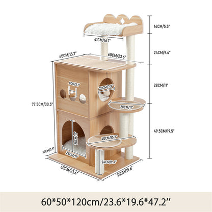 BEESCLOVER Wooden Cat Tree Multi-level Cat Climbing Tower Beige