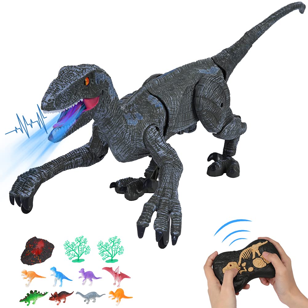 Remote Control Dinosaur Toys for Kids ,Walking Roaring Velociraptor, 2.4Ghz Electronic Realistic RC Dinosaur with 3D Eyes & Light & Roaring Sounds,Dinosaur Toys for Boys Girls Age 4 5 6 7 8-12 (Gray)