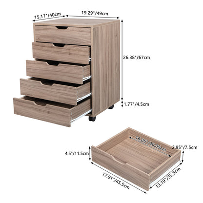 AMYOVE Wooden File Cabinet Five Drawers with 360 Degree Removable Wheels Coffee