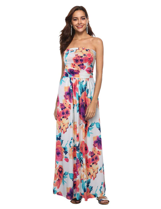 Women's Summer Boho Strapless Midi Dresses High Waist Vintage Floral Print Maxi Long Dress with Pockets