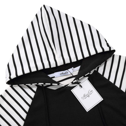 Women's Cowl Neck Pullover Hoodies Long Sleeve Kangaroo Pocket Spliced Striped Hooded Sweatshirts